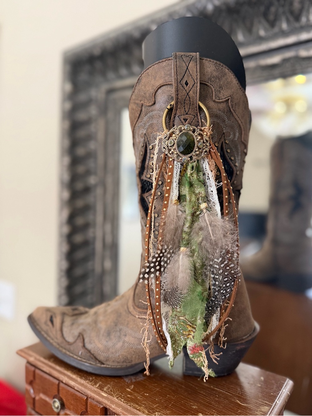 Handcrafted Bohemian Green Boot Clip & Keychain